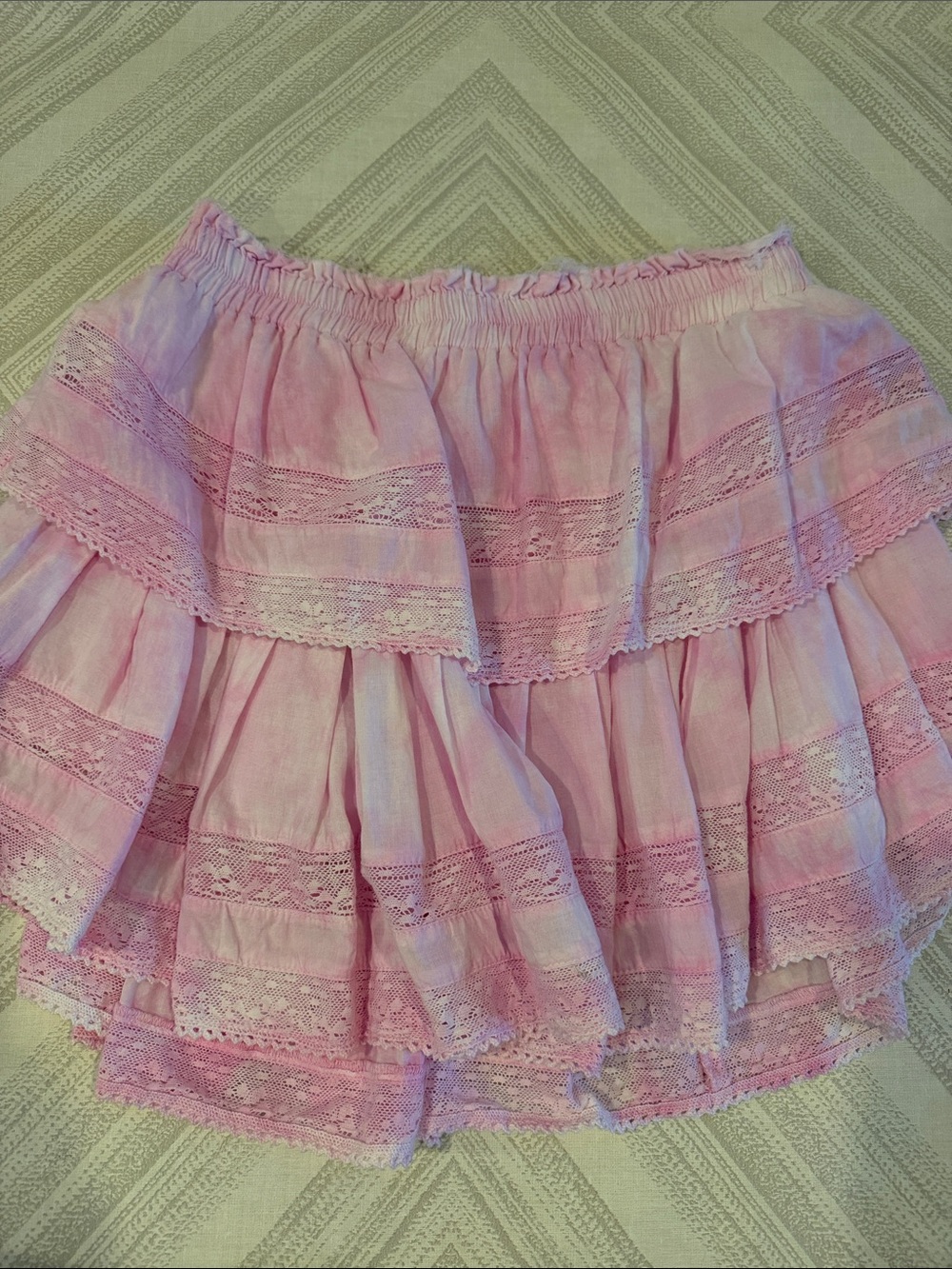 LoveShackFancy Pink White Tie Dye Lace Tiered Mini Skirt Size Medium